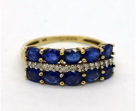 A 9ct gold, blue stone and diamond ring, set with sixteen diamonds and ten blue stones, weight 2.8g, size P