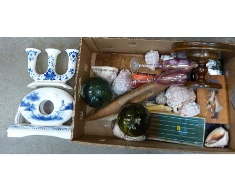 Two glass floats, shells, a wooden comport, etc.