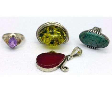 Two .925 silver rings, a .925 silver hardstone pendant and a white metal ring