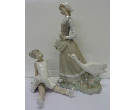 A Lladro figure, L4815, girl with goose and a Nao figure of a ballerina sitting