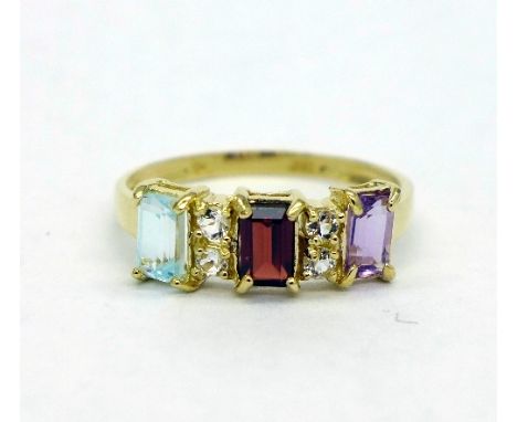 A 9ct gold, topaz, amethyst, garnet and diamond ring, weight 1.4g, size O