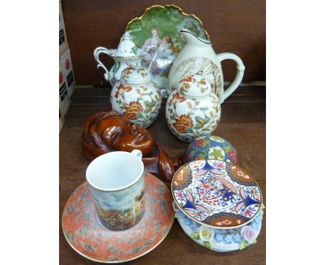 A French Castelroux transfer printed jug, a Limoges plate, a pair of small ginger jars, pin cushion, a Coalport The Indian Tr