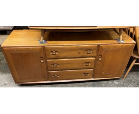 ERCOL LIGHT ELM MOBILE SIDE CABINET WITH THREE CENTRAL DRAWERS WIDTH 156CM, HEIGHT 69CM, DEPTH 47CM APPROX
