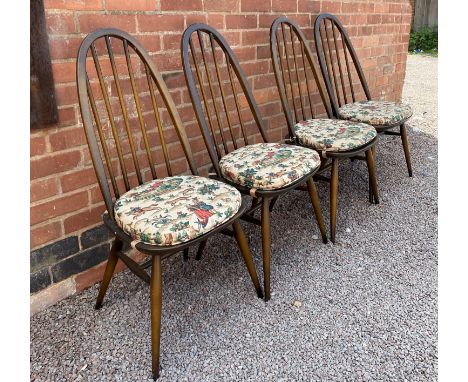 SET OF FOUR DARK ERCOL SPINDLE BACK CHAIRS WITH TAPESTRY CUSHIONS