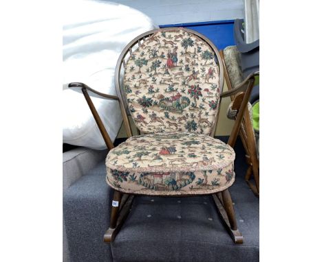 ERCOL HOP SPINDLE BACK ROCKING ARMCHAIR WITH TAPESTRY CUSHION 