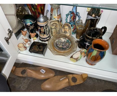 A JACKFIELDWARE TEAPOT, A PAIR OF SHOE TREES, TWO IVOREX PLAQUES, A THREE BEARS CONDIMENTS SET AND OTHERS