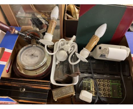 SHARP ELECTRONIC CALCULATOR, OLIVETTI LOGO MACHINE, FLAT IRON, MONEY TIN, METAMEC BAROMETER, ETC