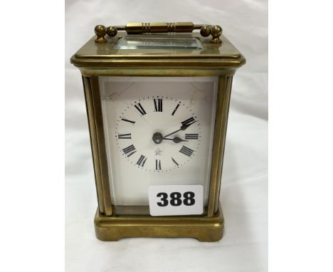 FRENCH BRASS CASED CARRIAGE CLOCK WITH KEY, WHITE ENAMEL DIAL AF