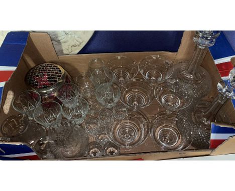 PAIR OF GLOBE AND SHAFT DECANTERS AND OTHER GLASSWARE INCLUDING ROSE BOWL