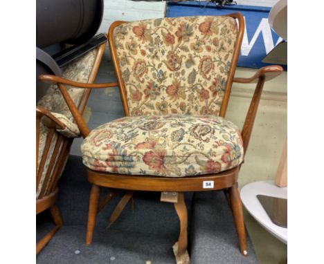 ERCOL ELM UPHOLSTERED OPEN ARMCHAIR( LEATHER WEBBING AS FOUND) (PERISHED)