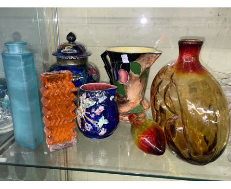 SELECTION OF RUBENS WARE BALUSTER VASE AND COVER, ART DECO JUG, AMBER GLASS BATH SALTS DECANTER AND OTHER GLASS