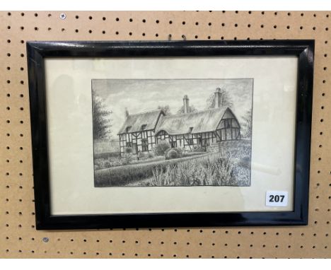 SIGNED PENCIL SKETCH TITLED "ANNE HATHAWAY'S COTTAGE, SHOTTERY, WARWICKSHIRE" BY H.E.COX 1869-1941 F/G 34CM X 22CM