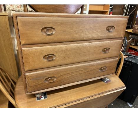 ERCOL LIGHT ELM THREE DRAWER CHEST HEIGHT 66CM, WIDTH 91CM, DEPTH 45CM APPROX
