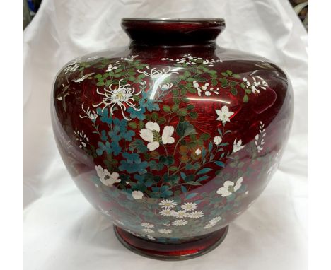 JAPANESE CLOISONNE ENAMEL VASE DECORATED WITH CHRYSANTHEMUMS AND BIRDS