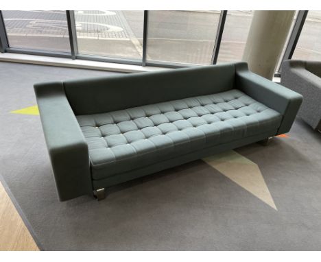 NAUGHTONE BLUE GREY BUTTONED UPHOLSTERED LOW BACK SOFA ON METAL LEGS 