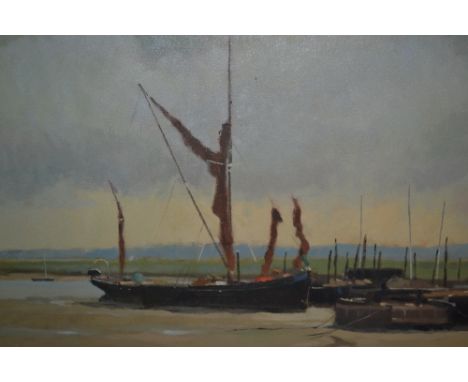 R. MacKervoy, oil on canvas, beached Thames barges, framed, signed, 13.5ins x 17.5ins 
