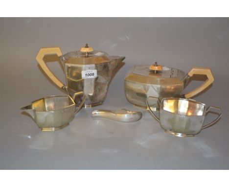 Art Deco four piece plated tea service (at fault), together with a plated sifter spoon, a commorative pen knife and a teapot 
