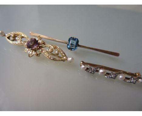 15ct Gold bar brooch set amethyst and seed pearls, a 14ct gold diamond and cultured pearl bar brooch and a 9ct gold blue ston