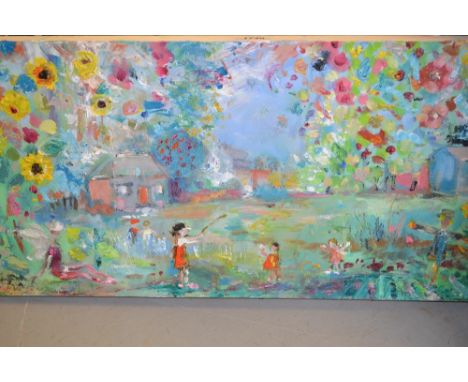 Oil on canvas, children playing in a landscape, unframed, unsigned, 12ins x 24ins, together with a small oak framed oil on ca