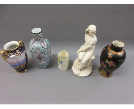 Paris porcelain figure, titled ' Miranda ', 12ins high, three porcelain vases and a Victorian enamel decorated opaque glass v