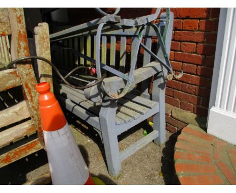 20th Century grey painted hardwood slatted garden bench, 6ft long (at fault), together with a single hardwood armchair by Lis
