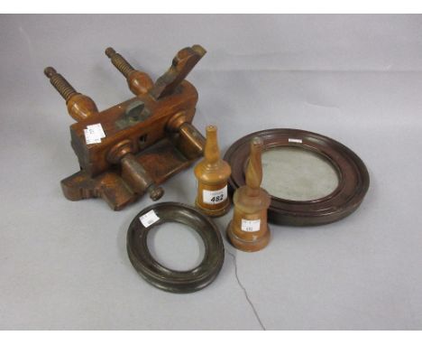 Two 19th Century Treenware sanders, 19th Century moulding plane, small circular mirror and 19th Century oval miniature portra