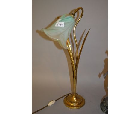 Brass lily form table lamp with a mottled glass shade, the shade indistinctly signed Sankey 