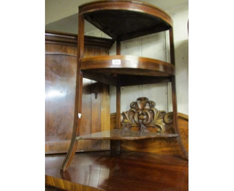 Edwardian mahogany inlaid three tier corner shelf on square splay supports, together with a Chinese hardwood standard lamp wi