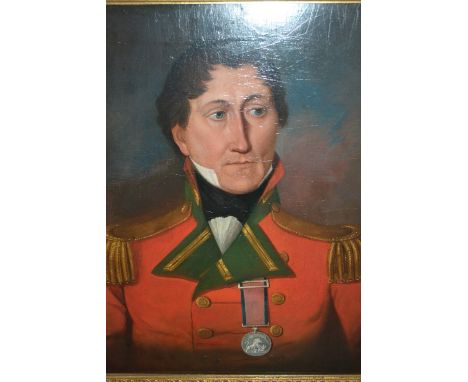 Oil on board, portrait of an army officer of the 73rd Foot Regiment, 19.5ins x 23ins, gilt framed 