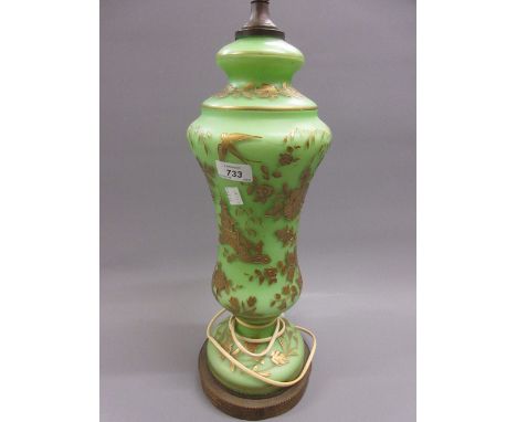 19th Century green opaque glass and gilt decorated oil lamp base adapted for use with electricityNo visible chips or cracks -