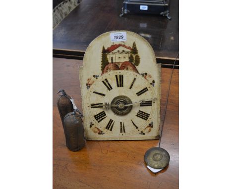 Early 19th Century Black Forest alarm wall clock, the multi colour painted dial with thirty hour movement, wooden arbors, pen