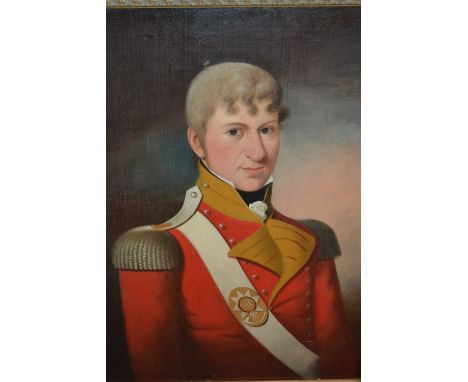 Oil on canvas, portrait of a military officer, half length, wearing a scarlet tunic and white sash, possibly the 34th Bengal 