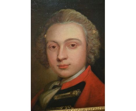 18th / 19th Century, oil on canvas, portrait of George Dunford, wearing a red tunic and wig, 14ins x 16ins, gilt framed 