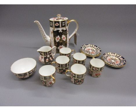 Royal Crown Derby Imari pattern six place setting coffee service including: a coffee pot, cream jug and sugar basin 