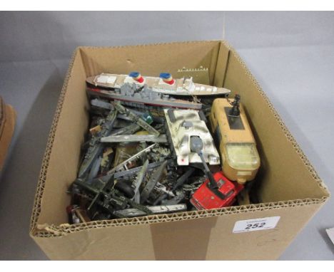 Quantity of diecast metal model ships together with a Matchbox diecast metal horse box, an artillery gun and a Corgi tank 