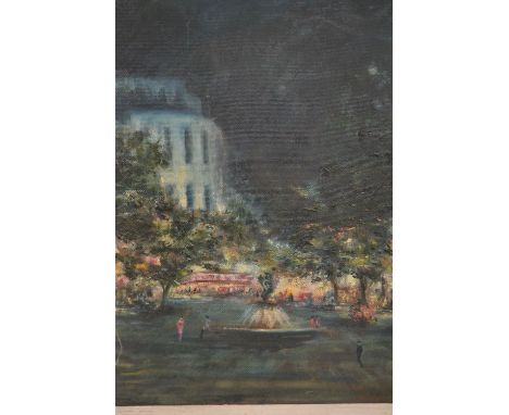 R. White, group of three 20th Century oil paintings on board, landscape and town scenes, housed in white painted frames 
