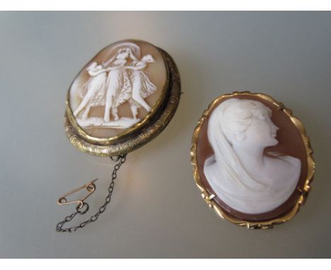 14ct Gold mounted carved shell cameo portrait brooch, together with a 19th Century gilt metal mounted cameo brooch 