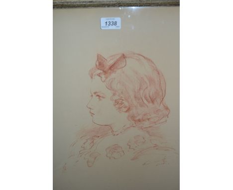 Sepia crayon drawing, profile portrait of a girl indistinctly signed, inscribed verso on a label, Mrs Artesani, 19.5ins x 16i