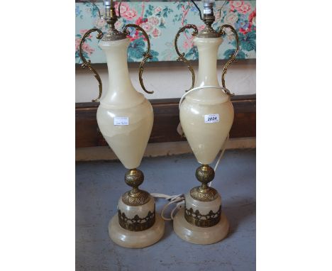 Pair of brass mounted alabaster pedestal urn shaped lamp bases, 25ins high (at fault), together with a marble vase shaped ped