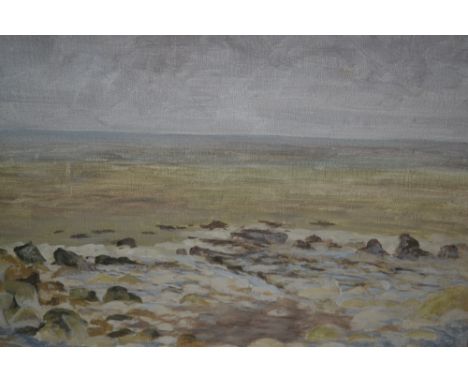 20th Century oil on board, extensive coastal seascape, bearing label verso for Jacques Huydts, unframed, unsigned, 15ins x 19