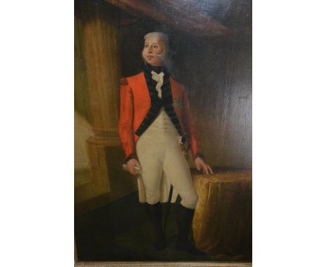 Late 18th or early 19th Century, oil on panel, portrait of an army officer standing beside a table, 26ins x 18ins, gilt frame