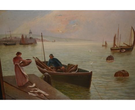R. Douglas, early 20th Century oil on canvas board, St. Ives harbour scene with fishermen unloading the catch, monogrammed R.