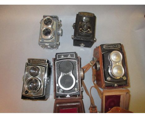 Echoflex twin lens camera in original leather case, a similar Japanese twin lens camera and three other various twin lens cam