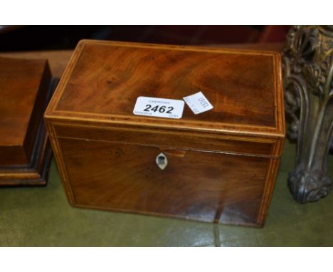 Small George III mahogany crossbanded and line inlaid rectangular tea caddy with hinged cover together with a small Victorian