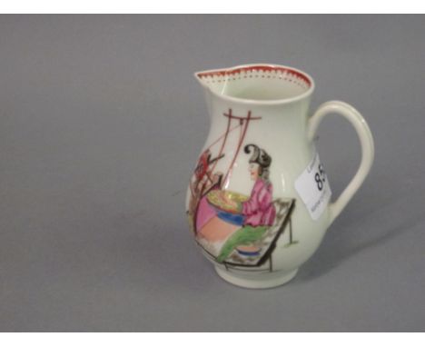 Rare Worcester ' Lady at the Loom ' pattern sparrow beak jug painted in oriental style with a seated figure working at a wool