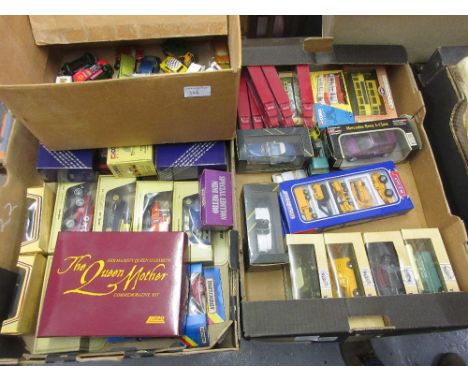 Three boxes containing a quantity of various Corgi and other diecast model vehicles including trams, models of Yesteryear and