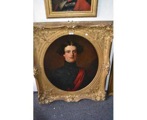 19th Century English school, oil on canvas, portrait of a young military officer wearing a black tunic and red sash, inscribe