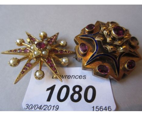 Victorian circular amethyst set brooch (at fault) together with a star brooch (at fault) 