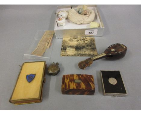 Small 19th Century tortoiseshell casket, miniature tortoiseshell mandolin, a book of Prayer with ivory cover, Trench Art ciga