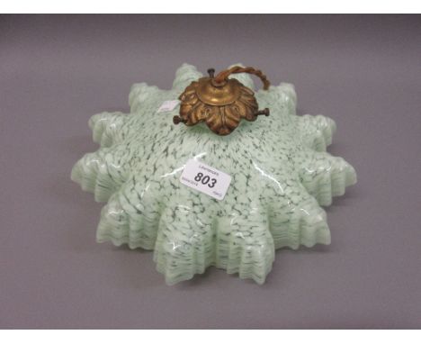 Victorian green mottled glass crinkled edge lamp shade with gilt metal fitting 